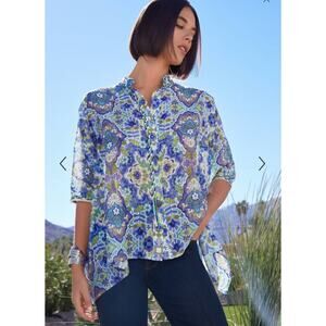 Johnny Was Jade Kiara Silk Cotton Flowy Lightweight Printed Blouse, Size Medium